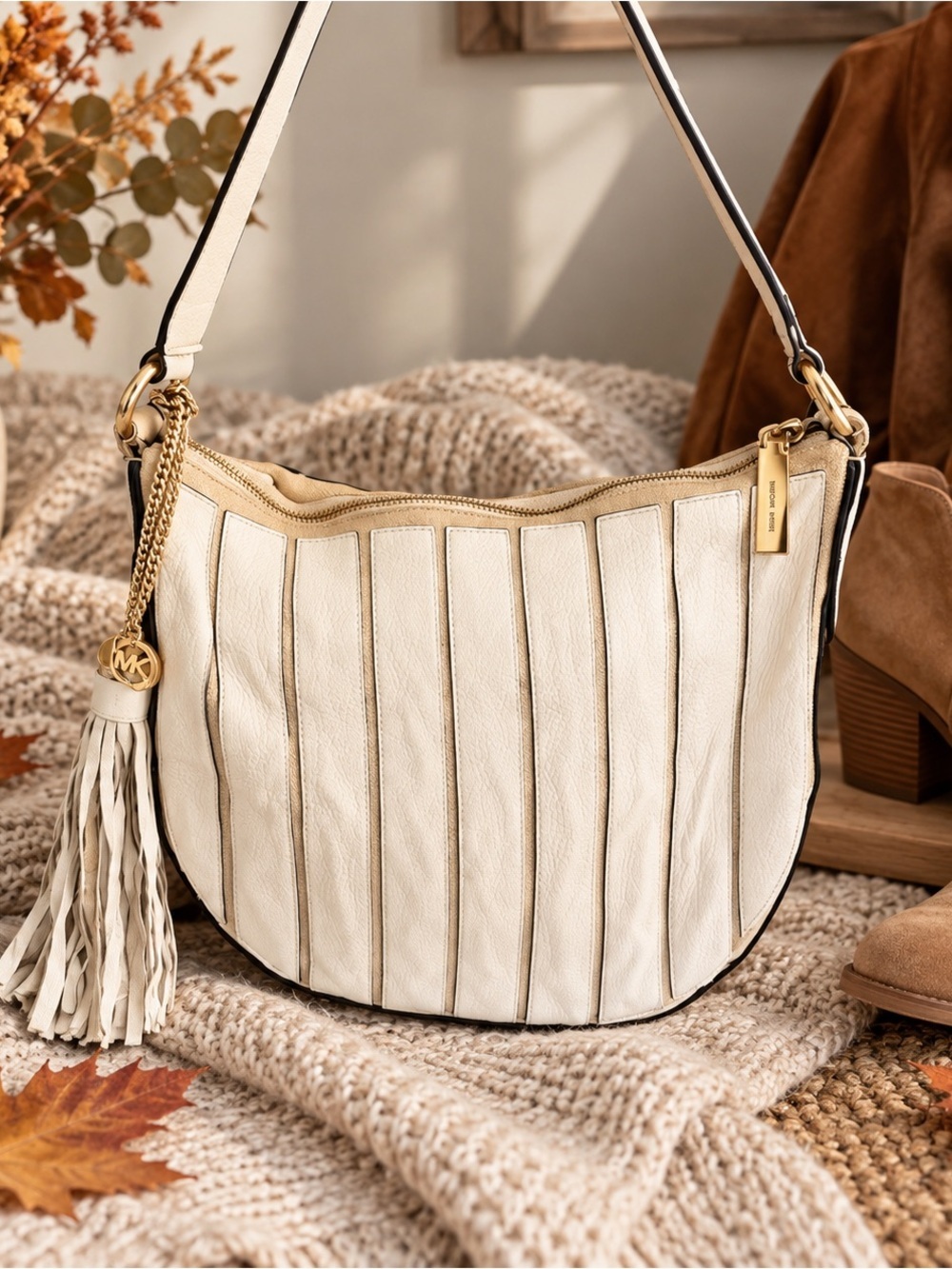 Michael Kors Ivory Pebbled Leather Hobo Shoulder Bag Tassel